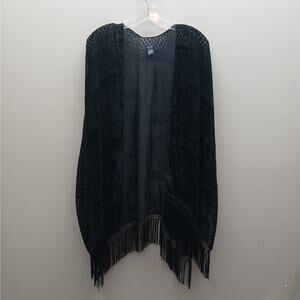 Roffe' Velvet Burnout Wrap Fringe Hem Open Front Shawl Sweater Bohemian Black